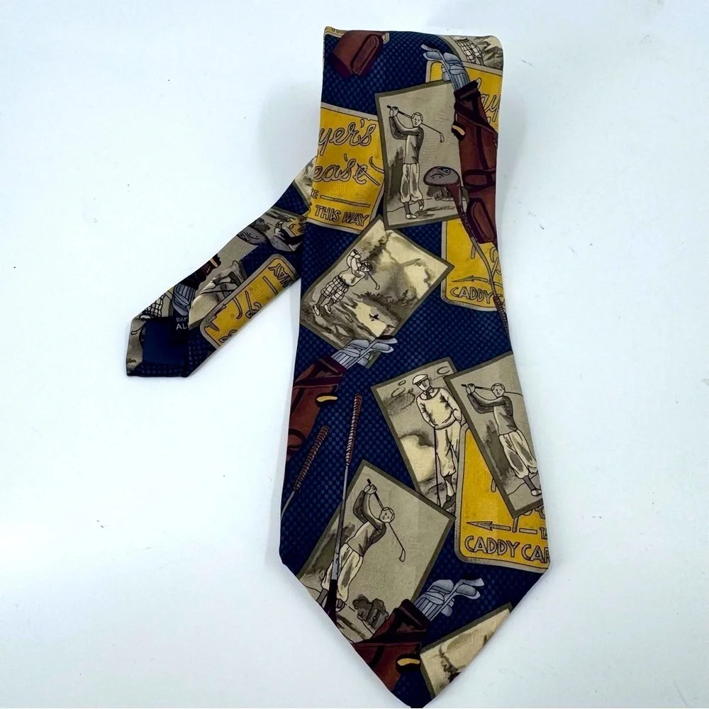 E. Magrath Vintage Golf Tan and Blue Geometric Pattern‎ Tie 100% Silk